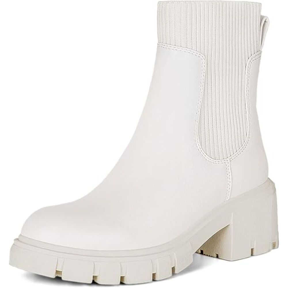 Women's Cream Lug Sole Round Toe elastic knit band Chunky Ankle Casual Boots